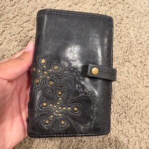 Vintage Fossil Black Leather Studded Wallet Shamrock